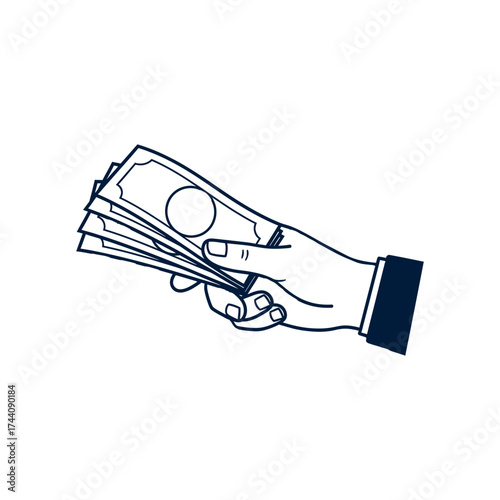 Hand holding several banknotes offering money in simple line art style representing financial transaction and wealth, conveying generosity and economic activity.
