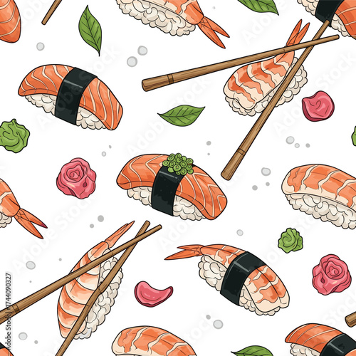 A repeating pattern of delicious salmon and shrimp sushi with chopsticks and pickled ginger.