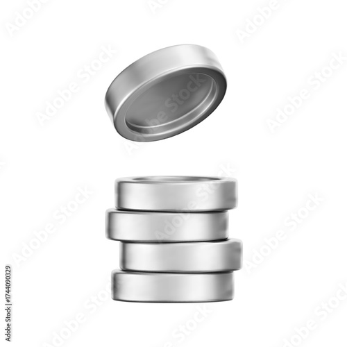 3D silver coin stack with a chrome metallic effect, isolated on a white background. Render of chrome coins, game token, digital currency icons or silver reward medals. 3D vector illustration