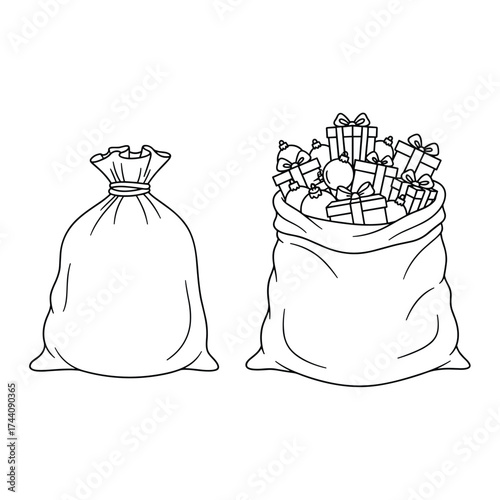 Two sacks one empty and one full of gifts.