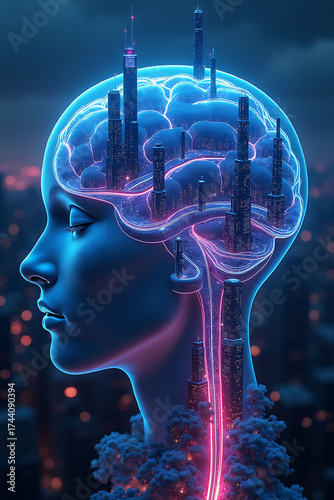 Futuristic Human Brain City Concept with Neon Lights