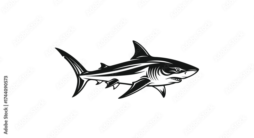 Fototapeta premium Black and white shark illustration on white background