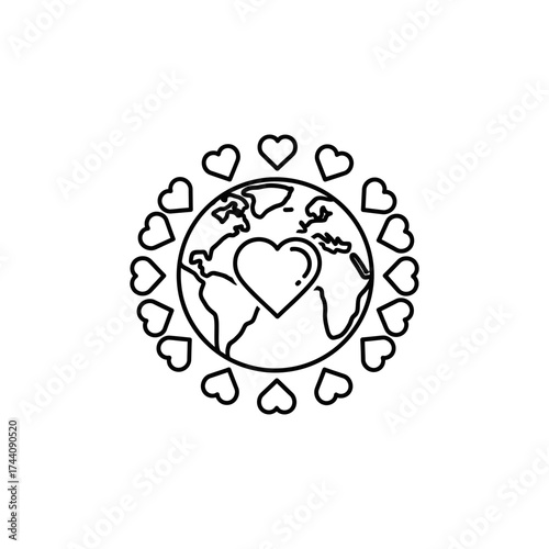 Earth surrounded by hearts symbolizes global love and unity, representing care for the planet and promoting peace and harmony in a simple, minimalist style.