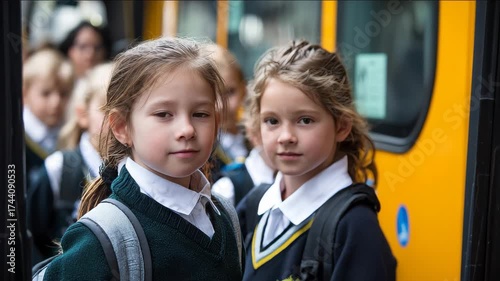 Two schoolgirls ready for the school day, standing in front of a bus.