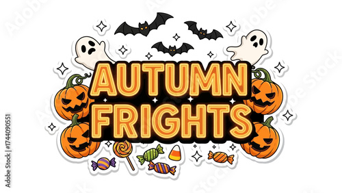 Autumn Frights: A colorful display of autumn elements, including jack-o'-lanterns, bats, and candies, combined to create a spooky festive design that evokes the spirit of the holiday.