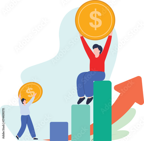 People celebrate financial success with golden dollar coins while standing on a rising bar chart