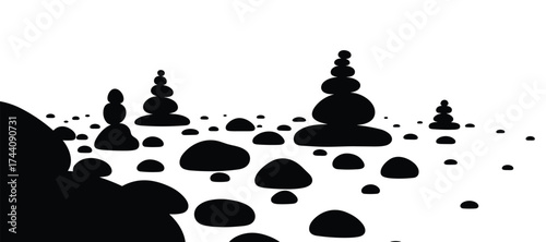 Black cairns and rocks on white background