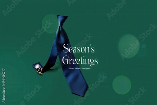 A festive season's greetings card featuring a blue tie and watch, set against a green backdrop. Ideal for corporate holiday messages and celebrations.
