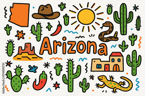 Arizona, desert themed icon set. cacti, sun, wildlife flat icons collection