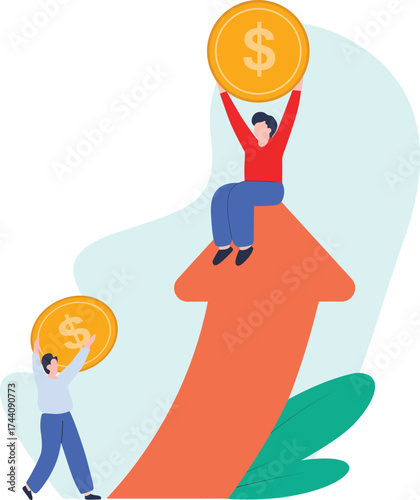 Two smiling individuals celebrate financial growth by holding golden dollar coins on a rising orange arrow