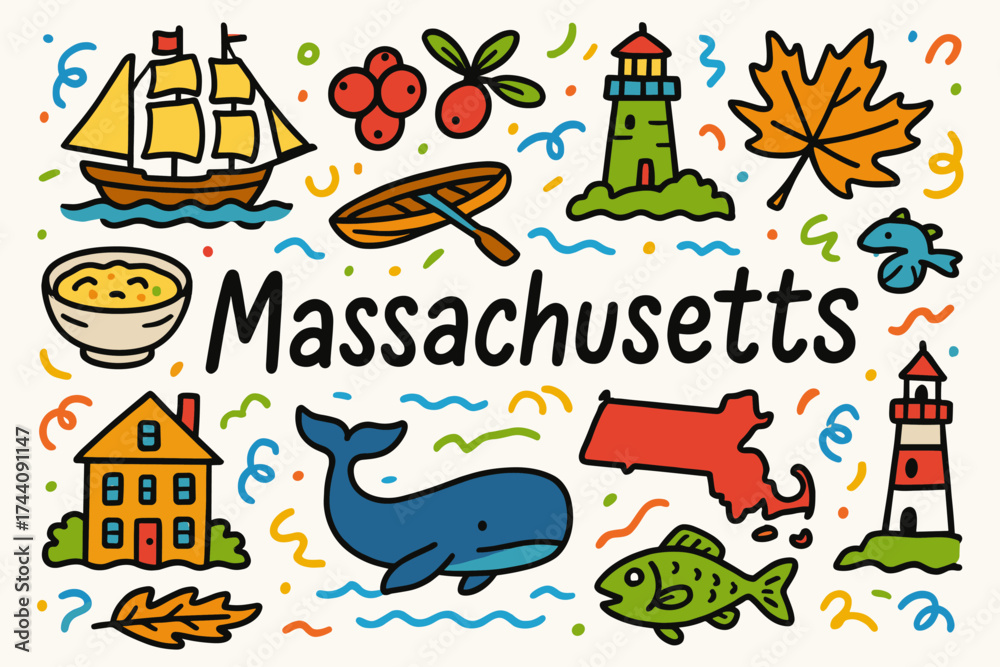 Fototapeta premium Massachusetts outline icon set. history, nature, landmarks outline collection