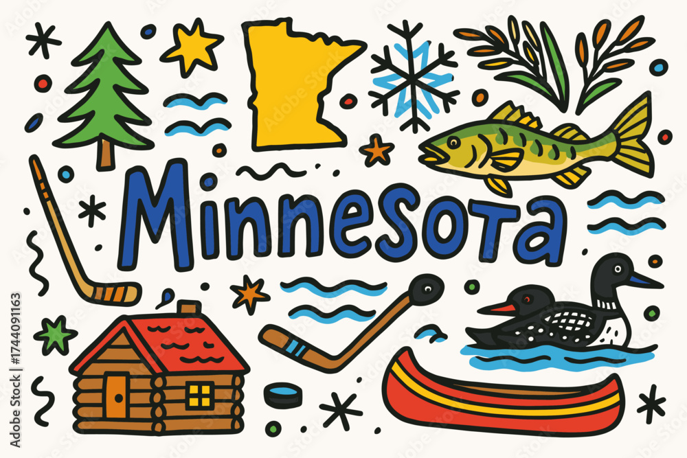 Fototapeta premium Minnesota flat icon set. state symbols, landmarks, and nature icons collection