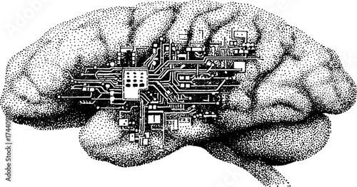 Intricate dotwork stipple illustration of brain circuitry integration