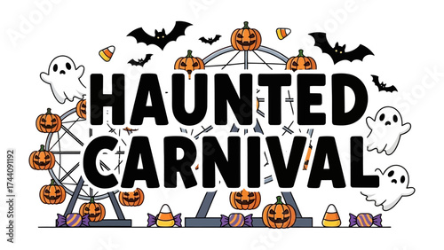 Haunted Carnival: Spooky festive design, with pumpkins, bats, and ghosts, for seasonal celebrations, showcasing the blend of fun and fright.