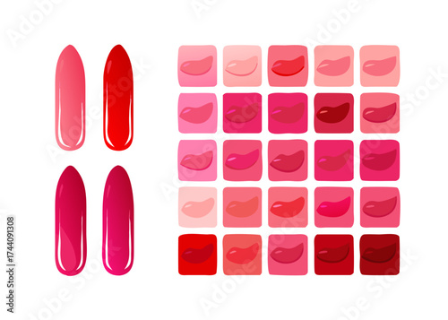 Lip Gloss Swatches Pink, Red, and Magenta Color Palette Vector format.lipstick swatches showcasing an array of pink and red color variations isolated on transparent background, cut out, PNG 3D Digita
