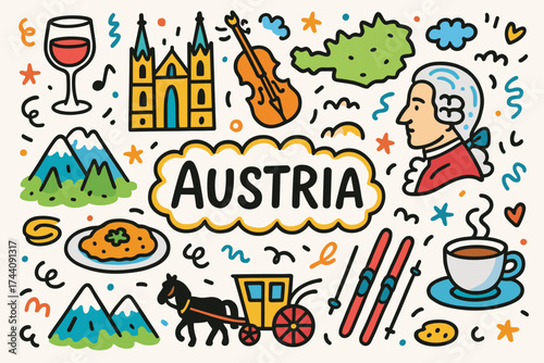 Austria doodle icon set. cultural and travel elements in a fun doodle style