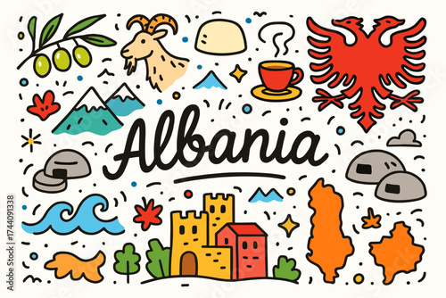 Albania doodle line icon set. exploration, culture, tradition icons in outline style
