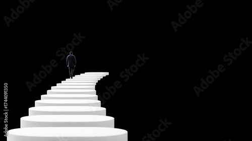 A solitary figure walks up a series of abstract white steps against a dark background, symbolizing a journey or personal growth.