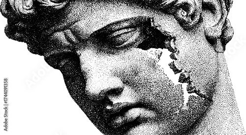 Intricate dotwork stippling art of broken ancient sculpture for artistic designs