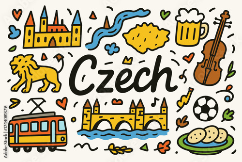 Czech culture flat icon set. traditional food, landmarks, and cultural symbols.
