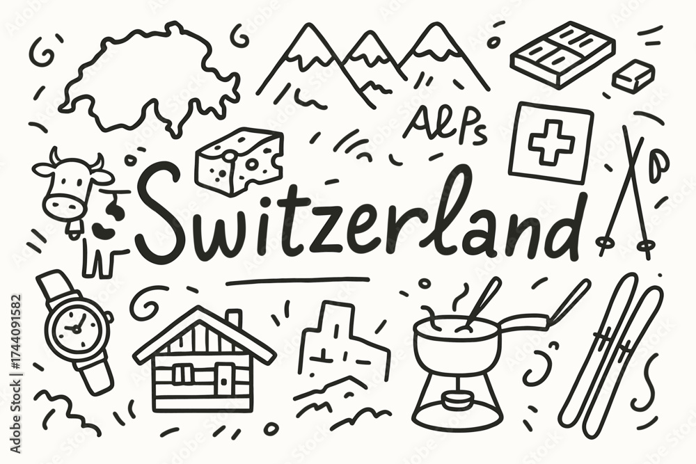 Fototapeta premium Switzerland travel outline icon set featuring landmarks, cheese, and skiing elements