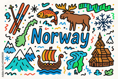 Norway travel icon set. nordic adventure icons flat collection