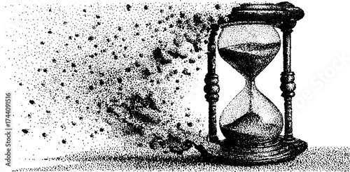 Broken hourglass symbolizing the passage of time in detailed dotwork stippling