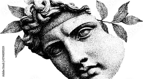 Intricate dotwork stippling of broken marble statue head with leaves