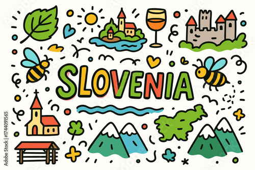 Slovenia travel flat icon set. discover slovenia with these charming flat icons.