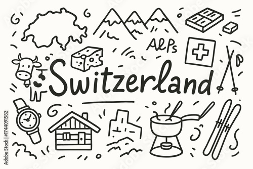 Switzerland travel outline icon set featuring landmarks, cheese, and skiing elements
