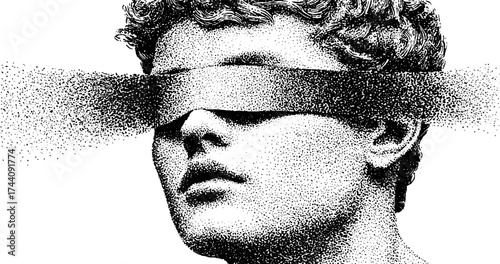 Futuristic dotwork stipple illustration of bust with abstract element for design concepts