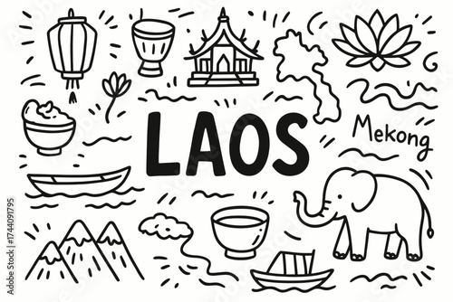 Laos doodle icon set. laos culture, landmarks icons in outline style.