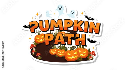 Pumpkin Path: An Illustration: A whimsical pumpkin path leads viewers into a Halloween-themed scene, with smiling jack-o'-lanterns guiding the way alongside playful ghosts and bats under a starry sky.