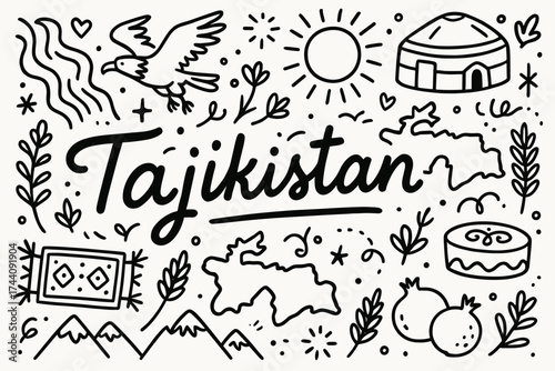 Tajikistan outline icon set. traditional culture, landmarks, nature symbols collection.