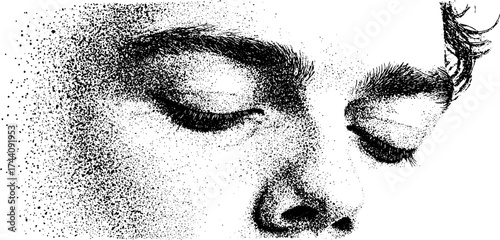 Intricate dotwork stippling art of a serene human expression