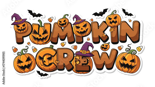 Pumpkin Crew: a festive composition with pumpkins wearing witch hats and candies. evokes feelings of joy, and excitement