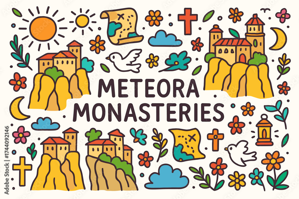 Fototapeta premium Meteora monasteries icon set. flat religious landmarks, cultural symbols icons.