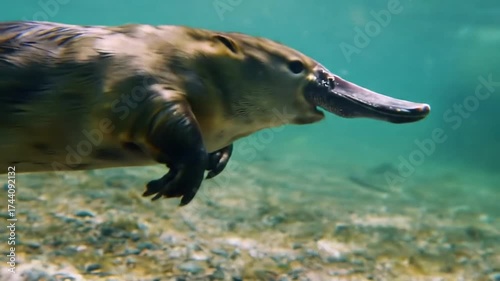 Underwater Platypus Swimming Gracefully in Crystal Clear Water