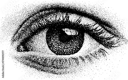 Intricate stipple dotwork illustration of an eye - vintage pointillism art design for prints and posters