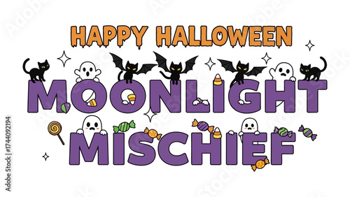 Halloween Moonlight Mischief: Embrace the magic of Halloween with whimsical illustrations of playful black cats, friendly ghosts, and fluttering bats.