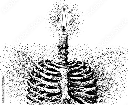 Intricate dotwork illustration of a candle burning in ribcage design for artistic concepts