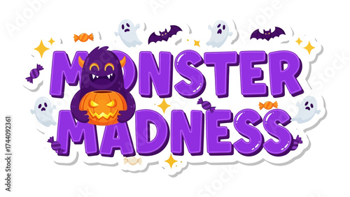Monster Madness: Whimsical Halloween illustration captures a monster's excitement with candy, ghosts, and bats, a visual invitation to a fun-filled season.