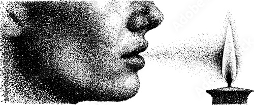 Intricate dotwork stipple art of candle flame and human face interaction for artistic design