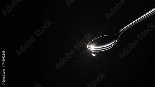 A close-up image of a shiny spoon holding a droplet of water against a dark background, highlighting reflections and textures.