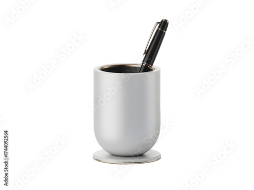 Modern matte white cylindrical pen holder containing a luxury black and gold writing instrument for office isolated on transparent background