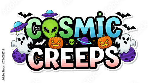 Cosmic Creeps Halloween Illustration: A whimsical digital illustration featuring a cosmic Halloween theme, with extraterrestrial creatures, pumpkins, and planets.