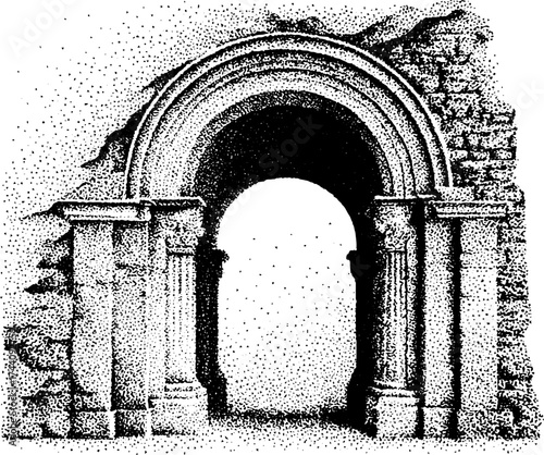 Intricate dotwork stippling of historic church archway - design for prints and posters