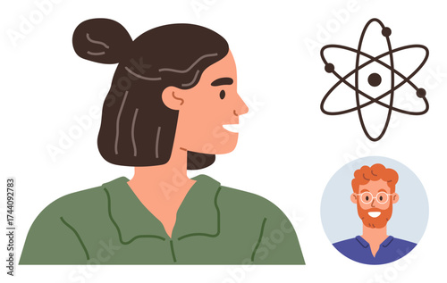 Woman looking sideways, atomic structure representing science or innovation, red-haired mans portrait symbolizing teamwork or collaboration. Ideal for education, science, teamwork, diversity