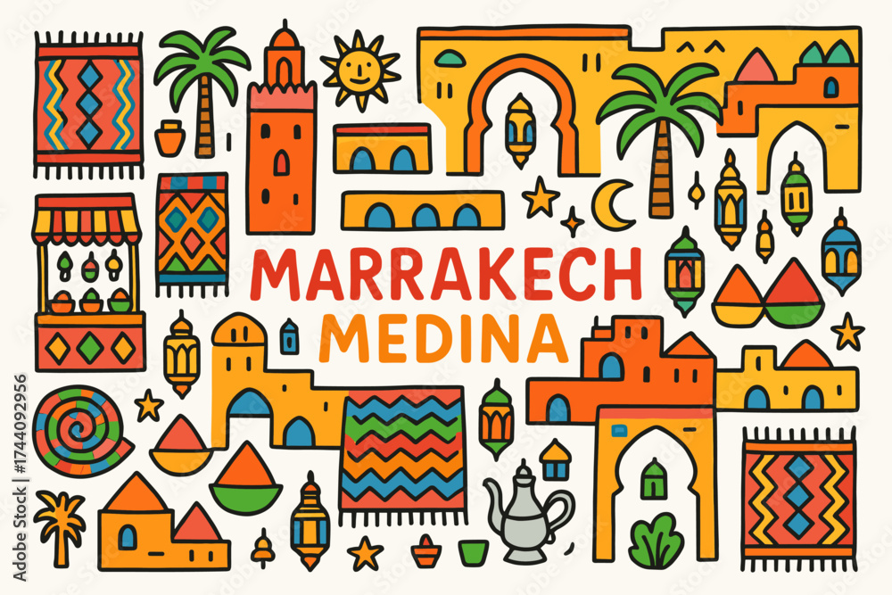 Naklejka premium Marrakech medina 3d icon set. moroccan cultural, architecture icons collection.