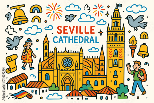 Seville cathedral flat icon set. spain, architecture, travel, tourism, cultural icons